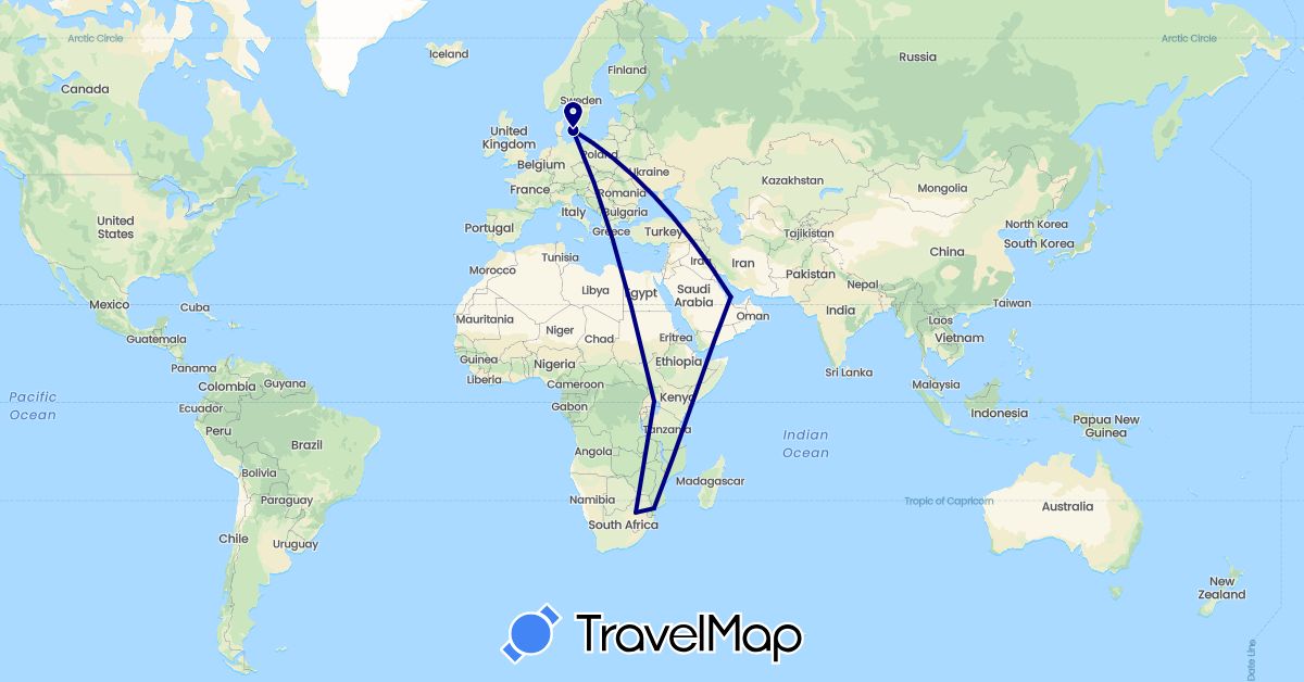 TravelMap itinerary: driving in Denmark, Mozambique, Qatar, Uganda, South Africa (Africa, Asia, Europe)